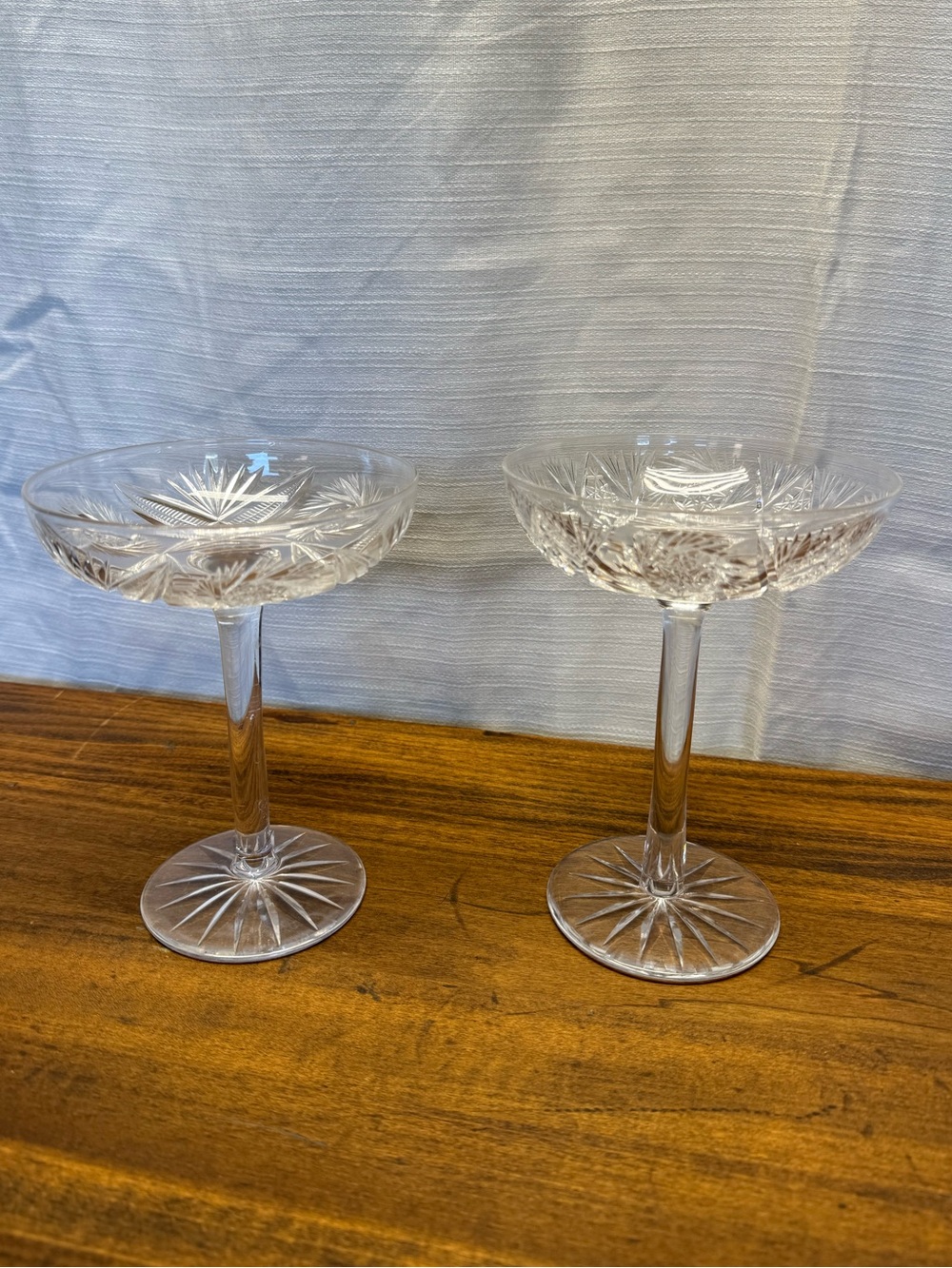 Vintage Cut Crystal Pinwheel Starburst Champagne Coupes Barware 2Pc 7"